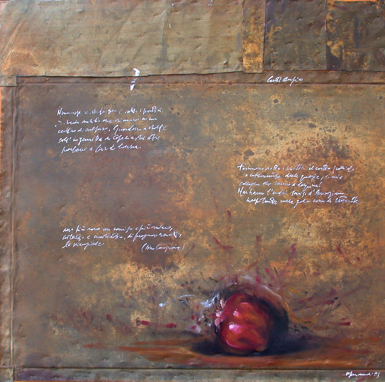 Melagrane, olio su lamiera su legno, 80x80 cm, 2000, <br>Collezione Privata