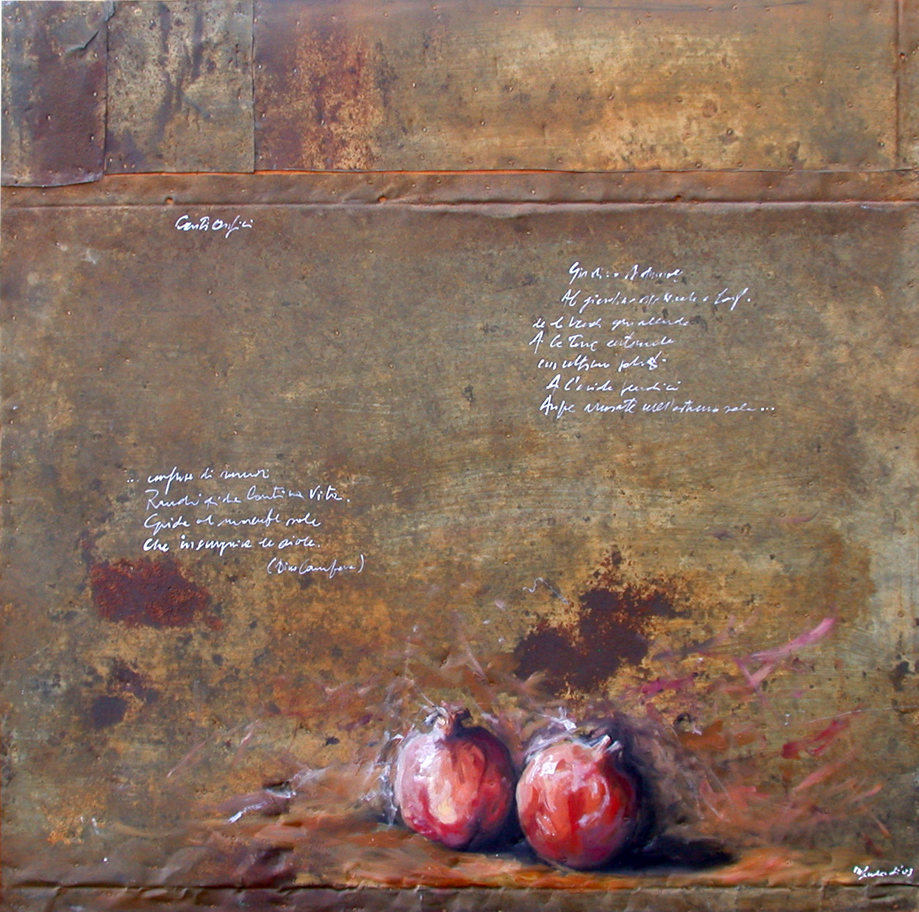 Melagrane, olio su lamiera su legno, 80x80 cm, 2000, <br>Collezione Privata