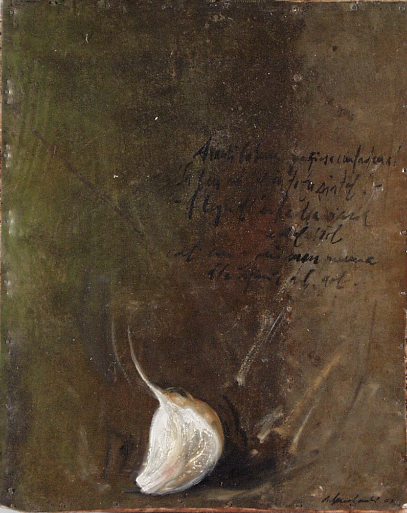 Aglio, olio su lamiera su legno, 30x20 cm, 2000, <br>Collezione Privata