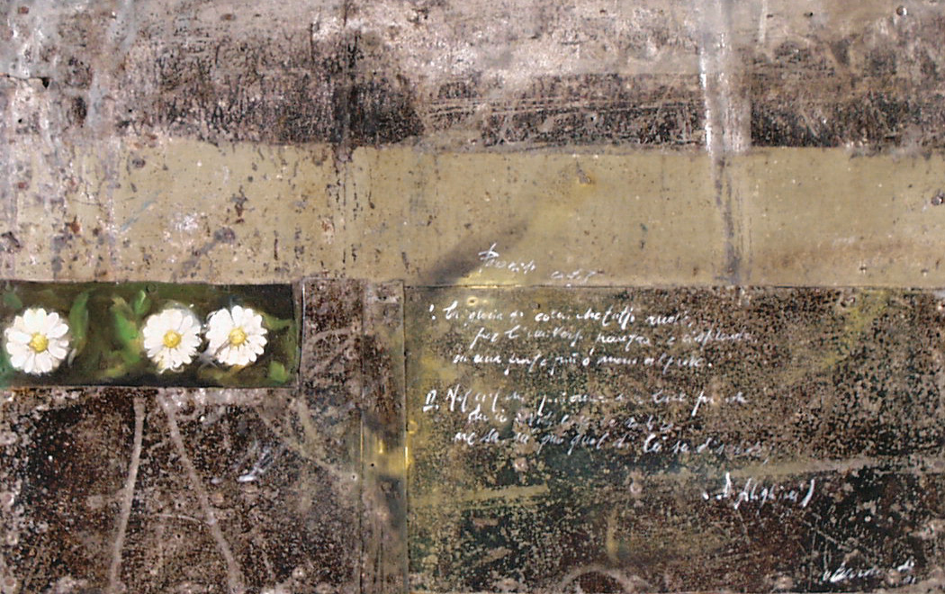 Margherite, olio su lamiera su legno, 20x30 cm, 2000, <br>Collezione Privata