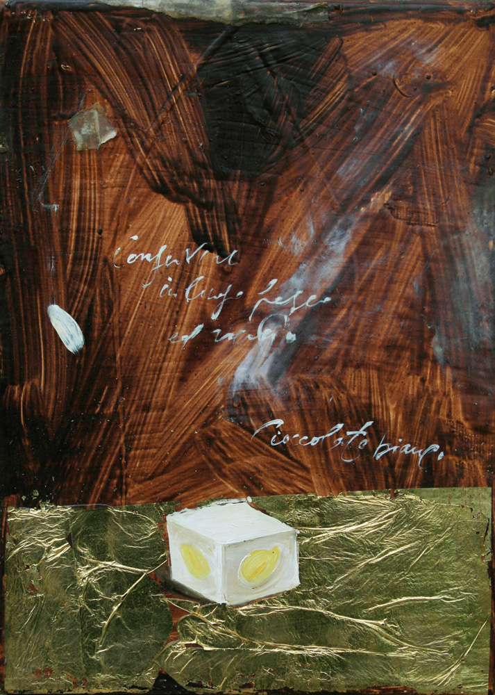 Dado al pistacchio, olio e tecnica mista su lamiera, 18x24 cm, 2010, <br>Collezione Privata