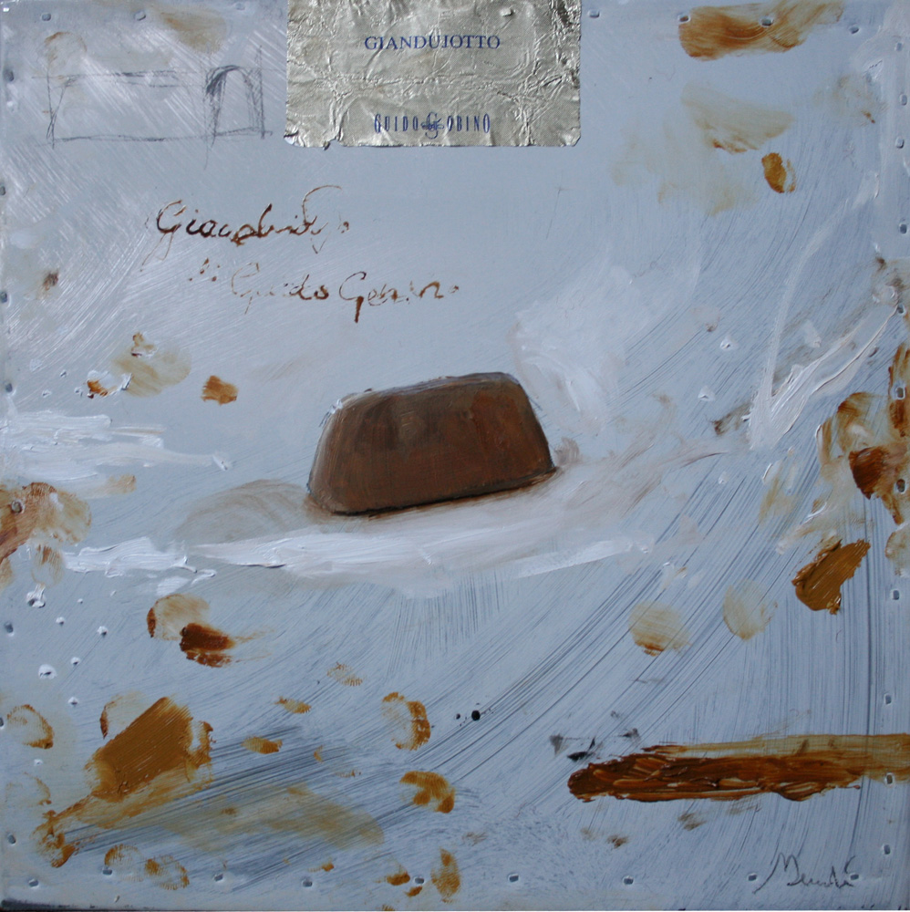 Gianduiotto Gobino, olio e tecnica mista su lamiera, 20x20 cm, 2010, <br>Collezione Privata