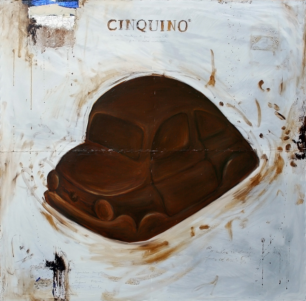 Cinquino, olio e tecnica mista su lamiera, 100x100 cm, 2011, <br>Collezione Privata