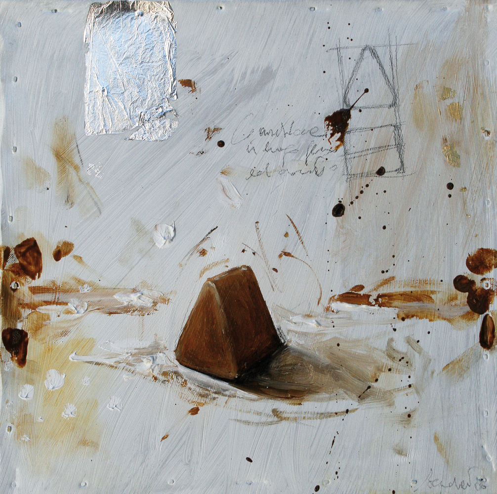 Bolognotto, olio e tecnica mista su lamiera, 20x20 cm, 2010, <br>Collezione Privata