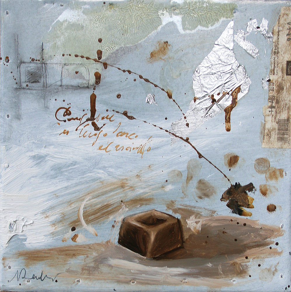 Cioccolatino, olio e tecnica mista su lamiera, 20x20 cm, 2010, <br>Collezione Privata