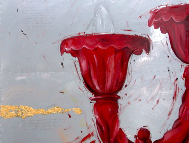 Lampadario rosso, olio e foglia d'oro su lamiera, 100x100 cm. 2006