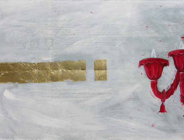 Lampadario rosso, olio e foglia d'oro su lamiera, 100x160 cm. 2007 - Collezione Privata Ravenna