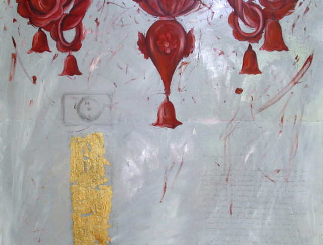 Lampadario rosso, olio e foglia d'oro su lamiera, 100x100 cm. 2006