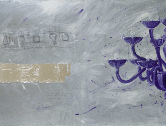 Lampadario viola, olio e foglia d'argento su lamiera, 100x160 cm. 2006