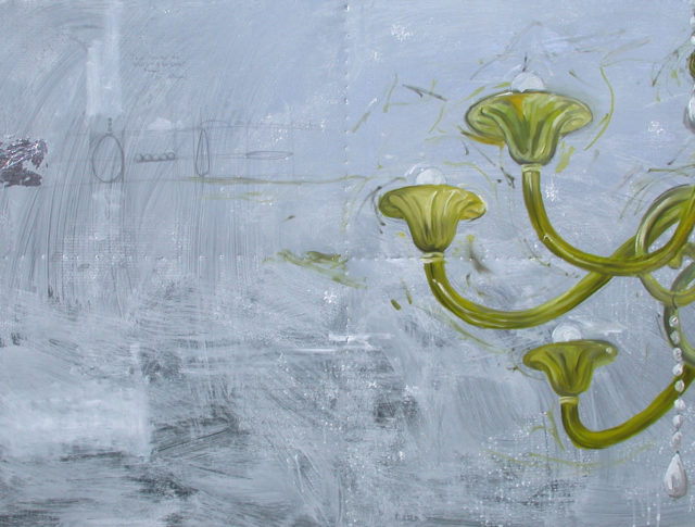 Lampadario verde, olio e foglia d'argento su lamiera, 100x160 cm. 2006