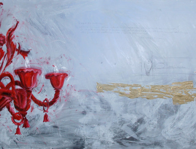 Lampadario rosso, olio e foglia d'oro su lamiera, 100x160 cm. 2005 - Collezione Privata Bologna