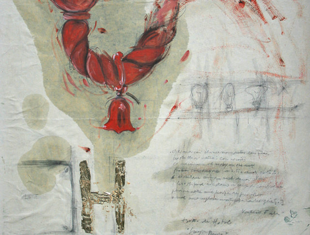 Lampadario rosso, olio, matita e foglia d'oro su carta da scenografia, 50x50 cm. 2009 - Collezione Privata