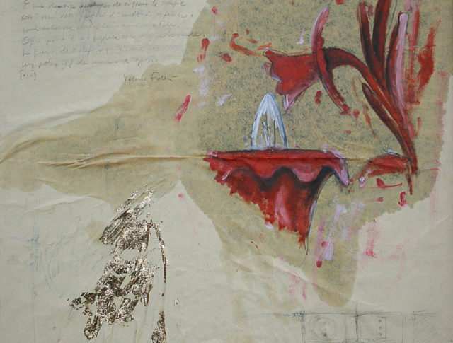 Lampadario rosso, olio, matita e foglia d'oro su carta da scenografia, 50x50 cm. 2009 - Collezione Privata