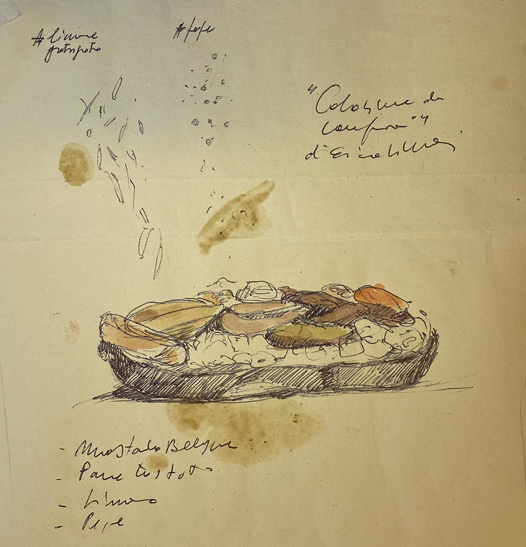 'La merenda da campioni di Erica Liverani' - Tecnica mista su carta da scenografia recuperata. Dimensioni indicative: 18x18 cm.