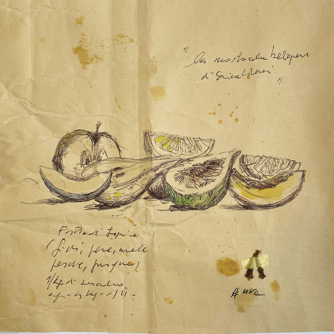 'Mostarda bolognese di Erica Liverani' - Tecnica mista su carta da scenografia recuperata. Dimensioni indicative: 18x18 cm.