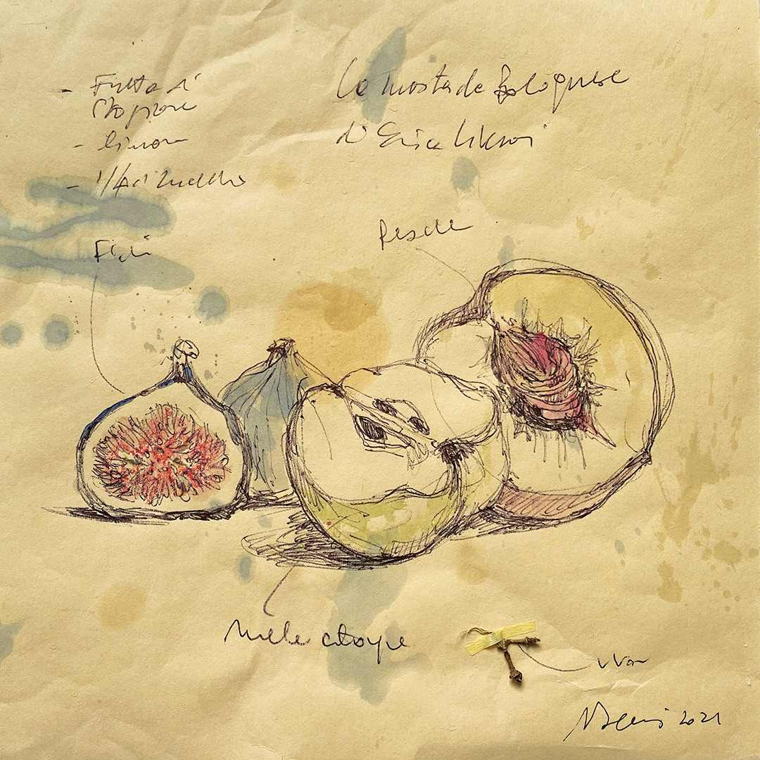 'Mostarda bolognese di Erica Liverani' - Tecnica mista su carta da scenografia recuperata. Dimensioni indicative: 18x18 cm.