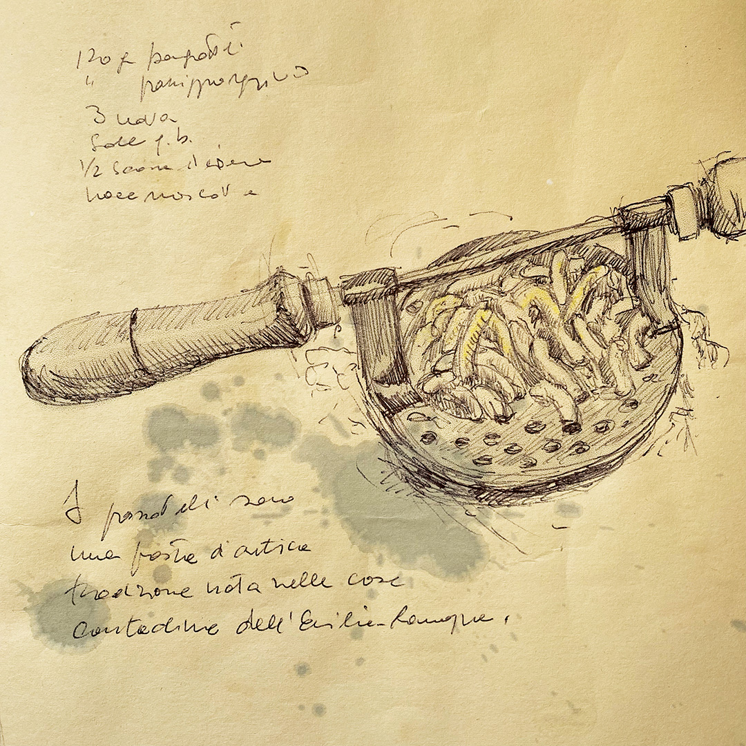 'Passatelli di Erica Liverani' - Tecnica mista su carta da scenografia recuperata. Dimensioni indicative: 18x18 cm.
