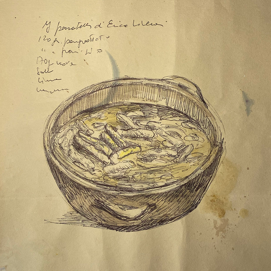 'Passatelli di Erica Liverani' - Tecnica mista su carta da scenografia recuperata. Dimensioni indicative: 18x18 cm.