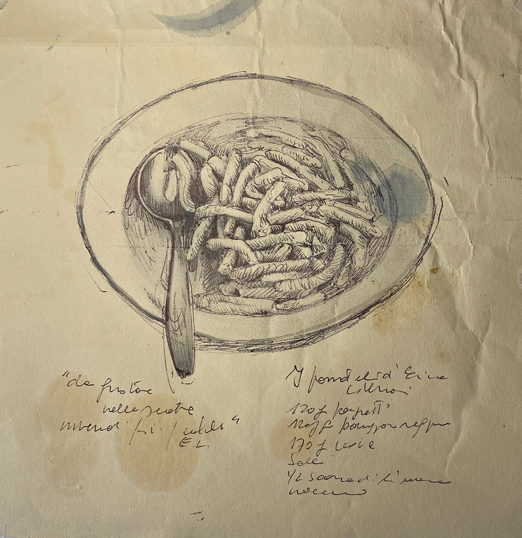 'Passatelli di Erica Liverani' - Tecnica mista su carta da scenografia recuperata. Dimensioni indicative: 18x18 cm.