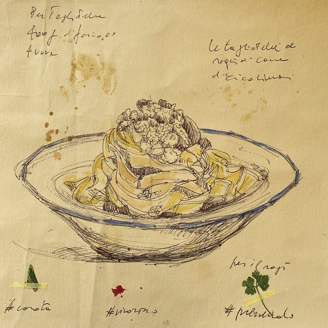 'Tagliatelle al ragù di Erica Liverani' - Tecnica mista su carta da scenografia recuperata. Dimensioni indicative: 18x18 cm.