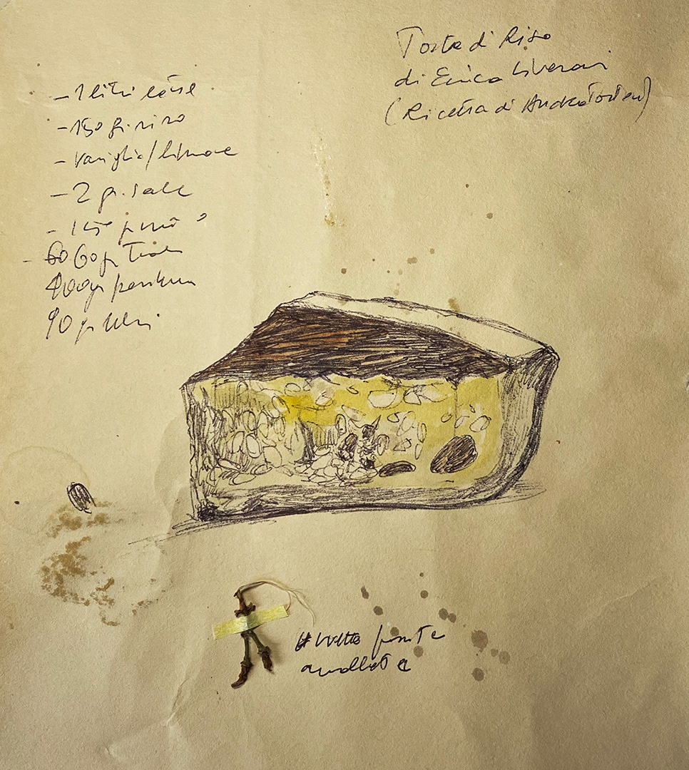 'La torta di riso di Erica Liverani' - Tecnica mista su carta da scenografia recuperata. Dimensioni indicative: 18x18 cm.