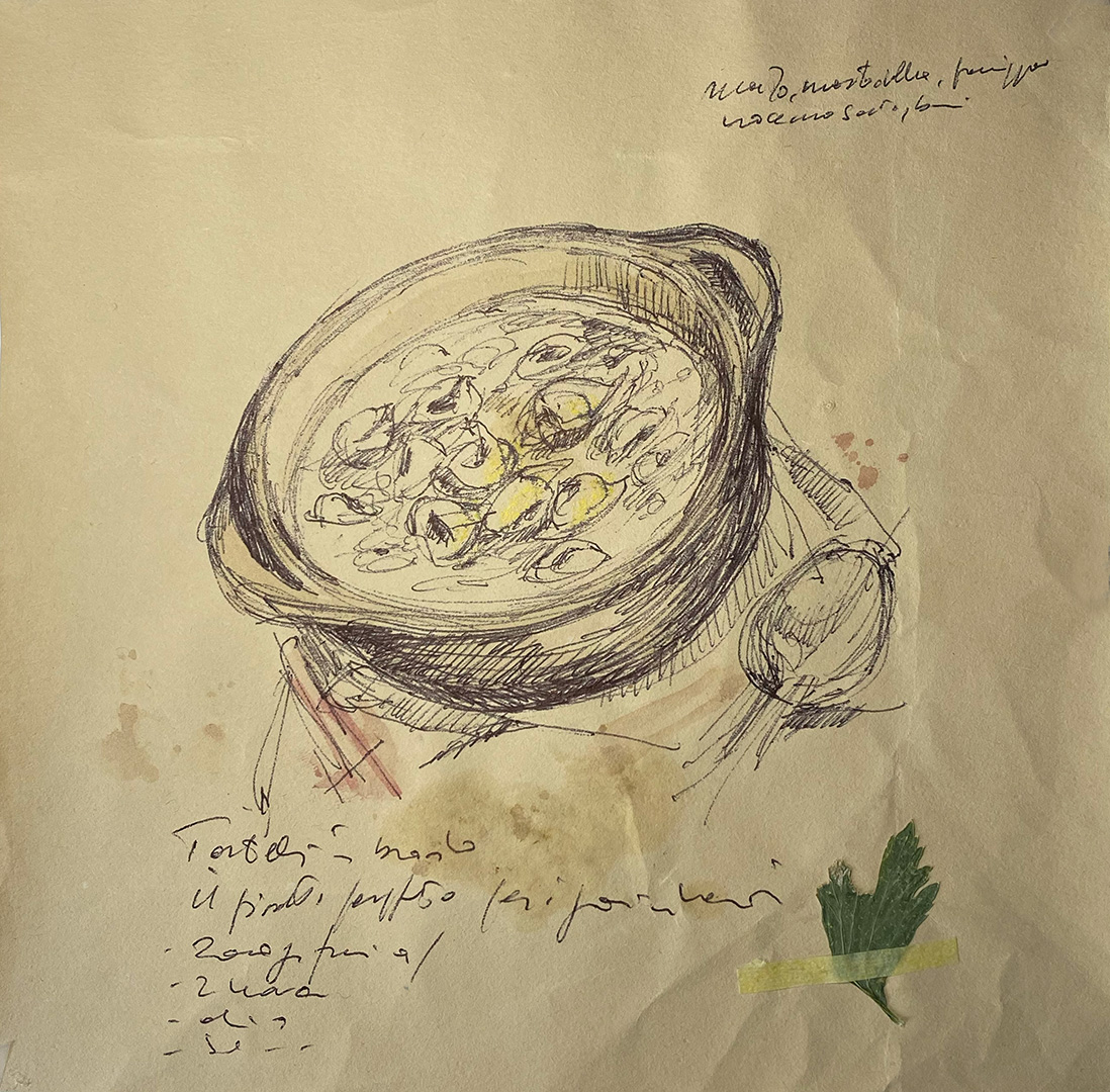 'Tortellini in brodo di Erica Liverani' - Tecnica mista su carta da scenografia recuperata. Dimensioni indicative: 18x18 cm.