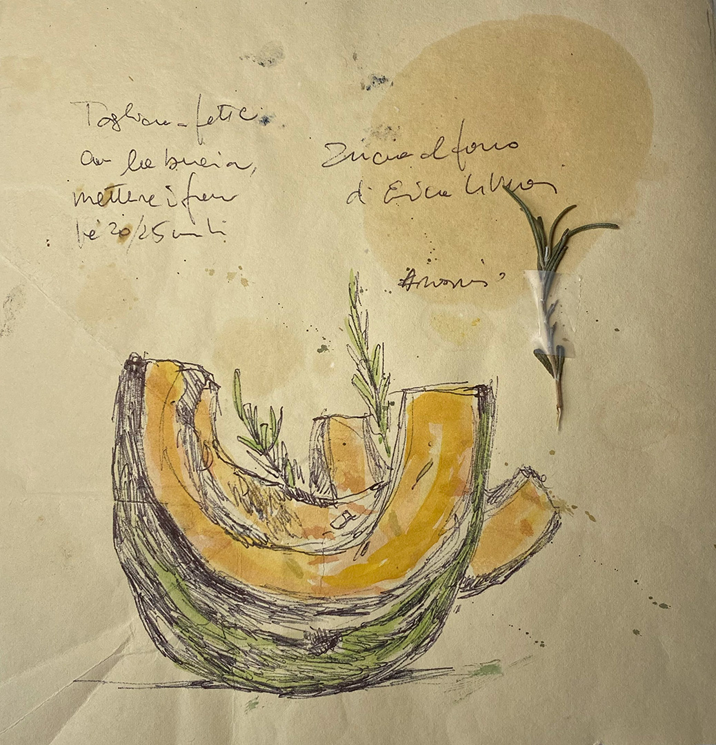 ''Zucca al forno di Erica Liverani' - Tecnica mista su carta da scenografia recuperata. Dimensioni indicative: 18x18 cm.