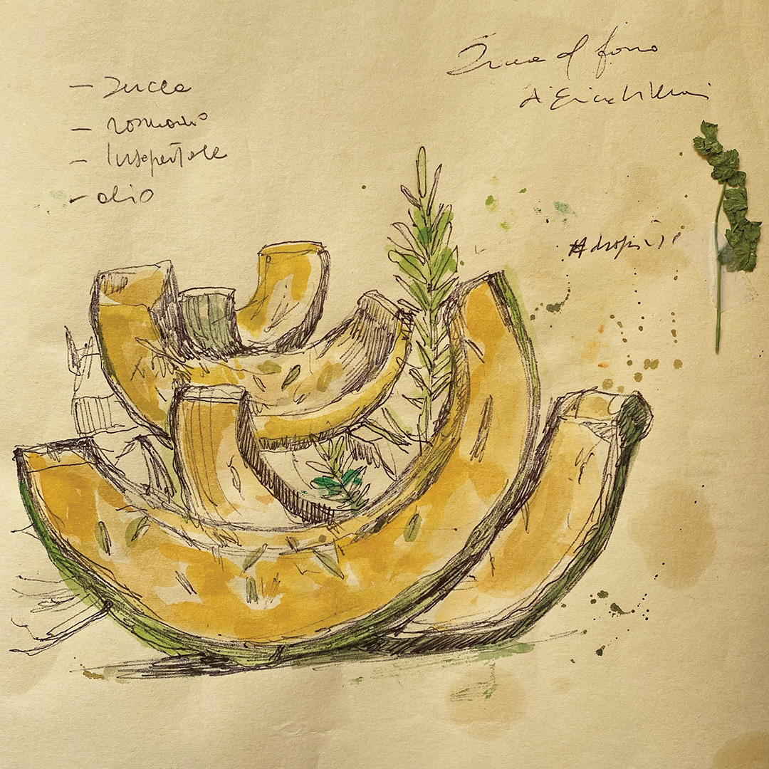 ''Zucca al forno di Erica Liverani' - Tecnica mista su carta da scenografia recuperata. Dimensioni indicative: 18x18 cm.